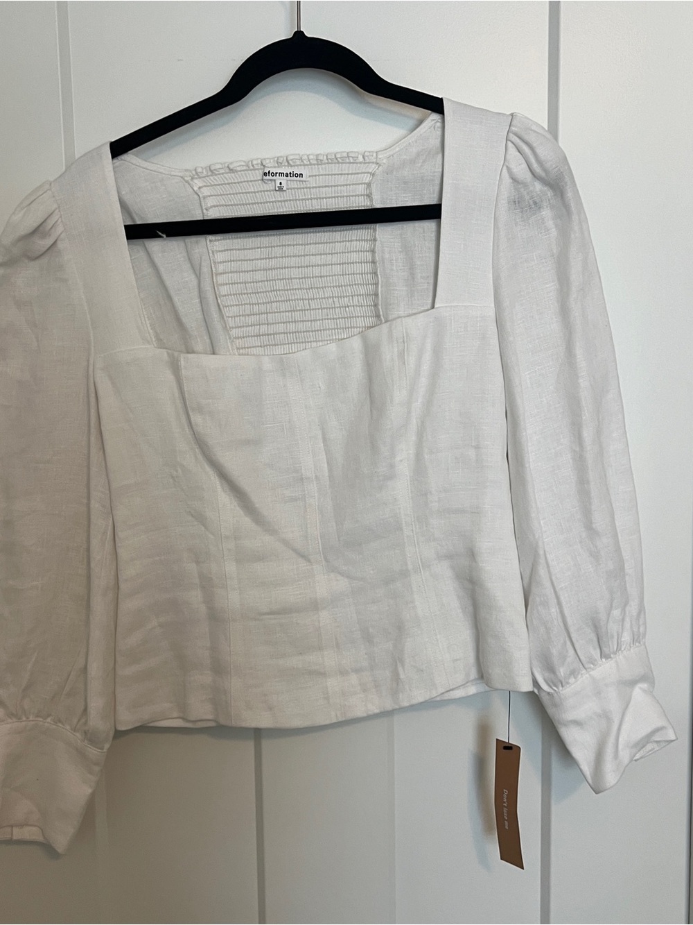 Reformation White Linen Stilton Square-Neck Puff Sleeve Top size 8 NWT